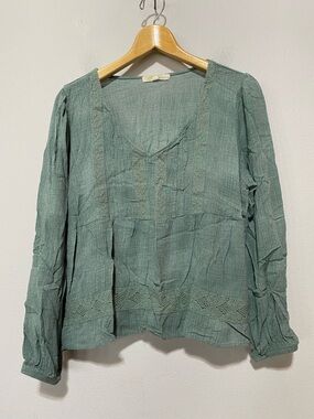 Rewind Top Womens XL Green Crochet Accented Long Sleeve V Neck Peasant Boho